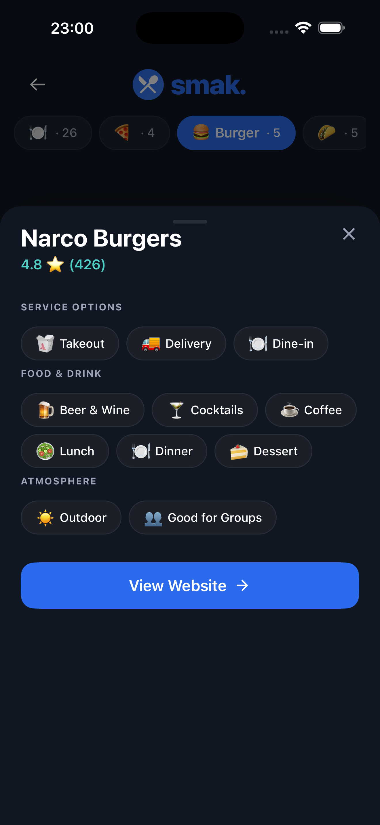 Restaurant Detail Screen - Dark Mode